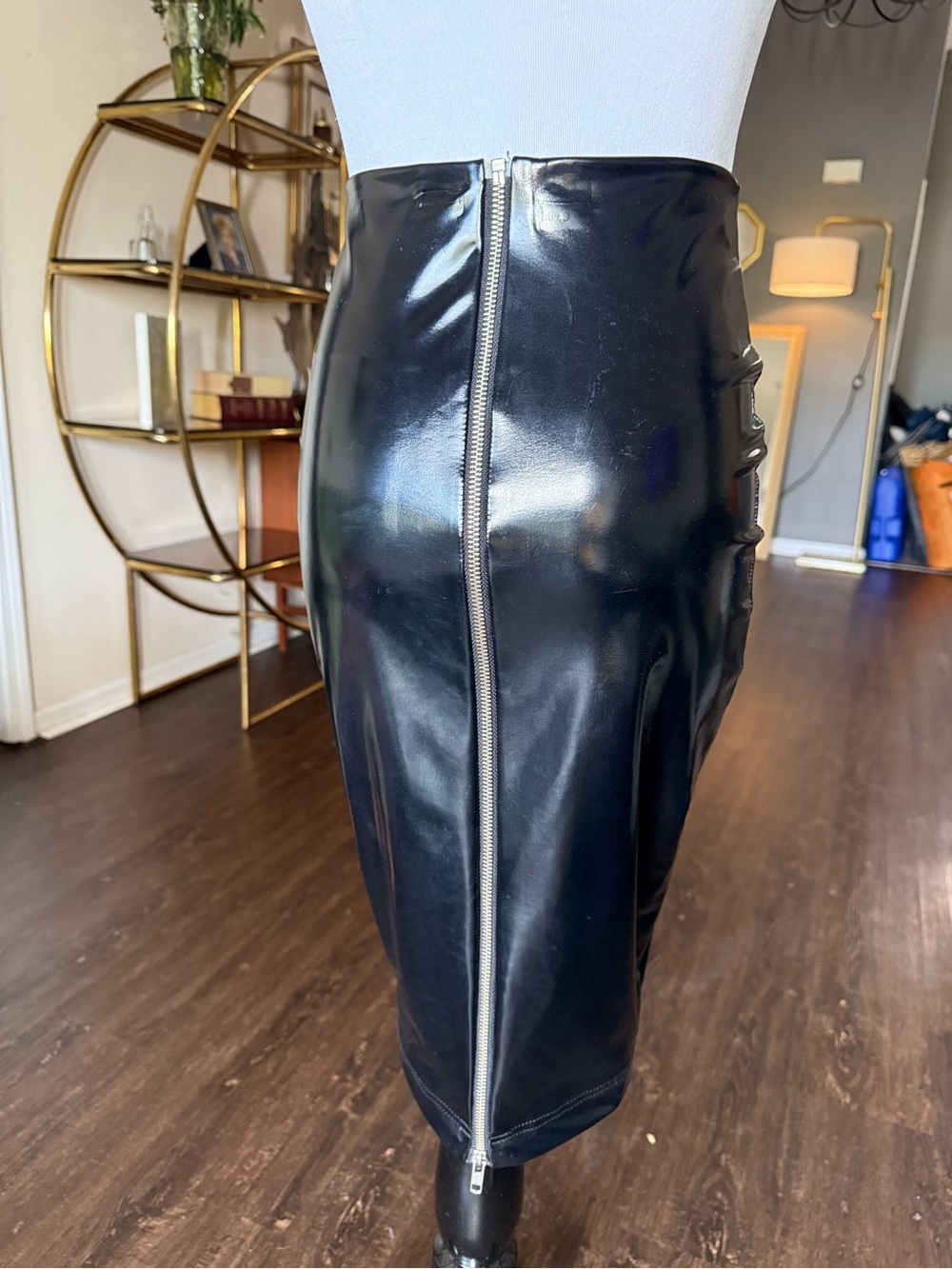 Blackmilk Black Wet Look Faux Leather Pencil Skirt with Center Silver Zip